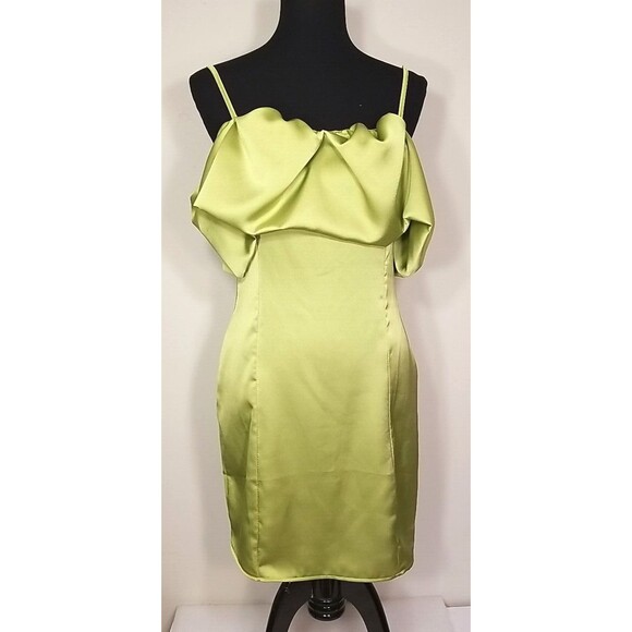 Pretty Little Thing Olive Satin Ruffle Strappy Bodycon Dress 8       T22 - Picture 1 of 9